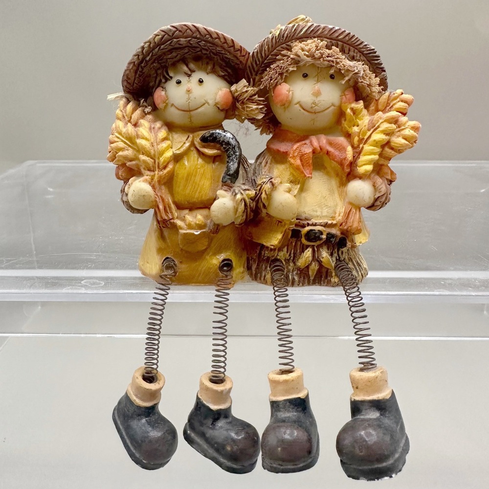 Vintage Scarecrow Couple Shelf Sitter Fall Decor Yellow Rustic Dangle Legs